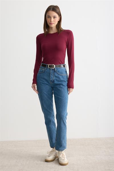 Uzun Kollu Bisiklet Yaka Penye Body Bordo