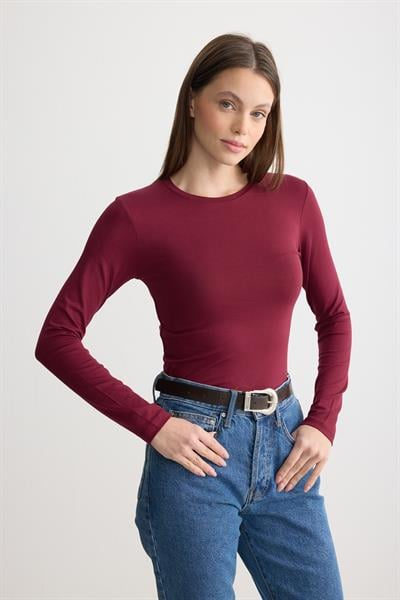 Uzun Kollu Bisiklet Yaka Penye Body Bordo