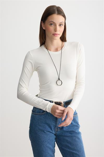 Uzun Kollu Bisiklet Yaka Penye Body Ekru