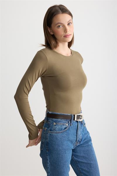 Uzun Kollu Bisiklet Yaka Penye Body Haki
