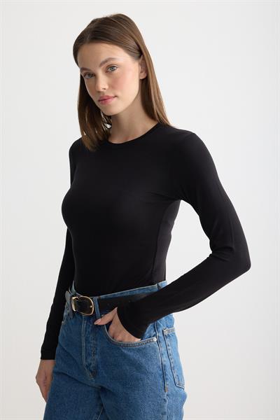 Uzun Kollu Bisiklet Yaka Penye Body Siyah
