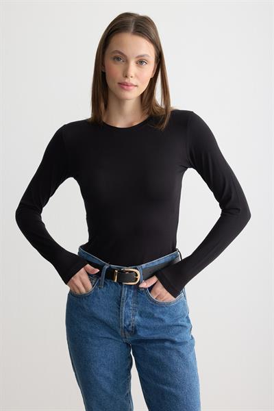Uzun Kollu Bisiklet Yaka Penye Body Siyah