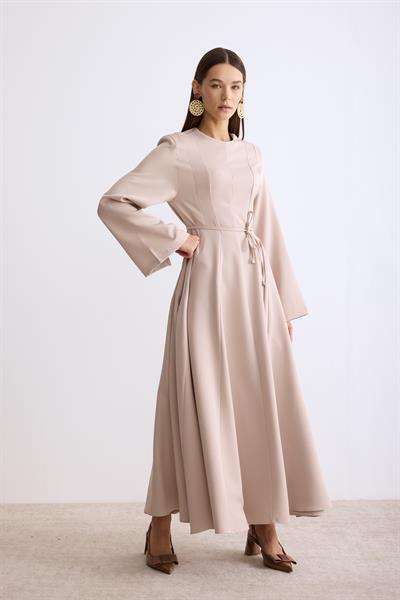 Vatkalı Evaze Elbise Bej