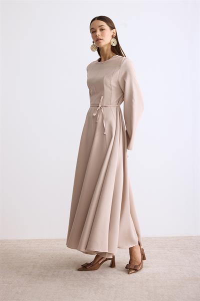 Vatkalı Evaze Elbise Bej