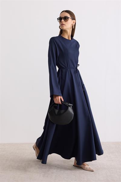 Vatkalı Evaze Elbise Lacivert