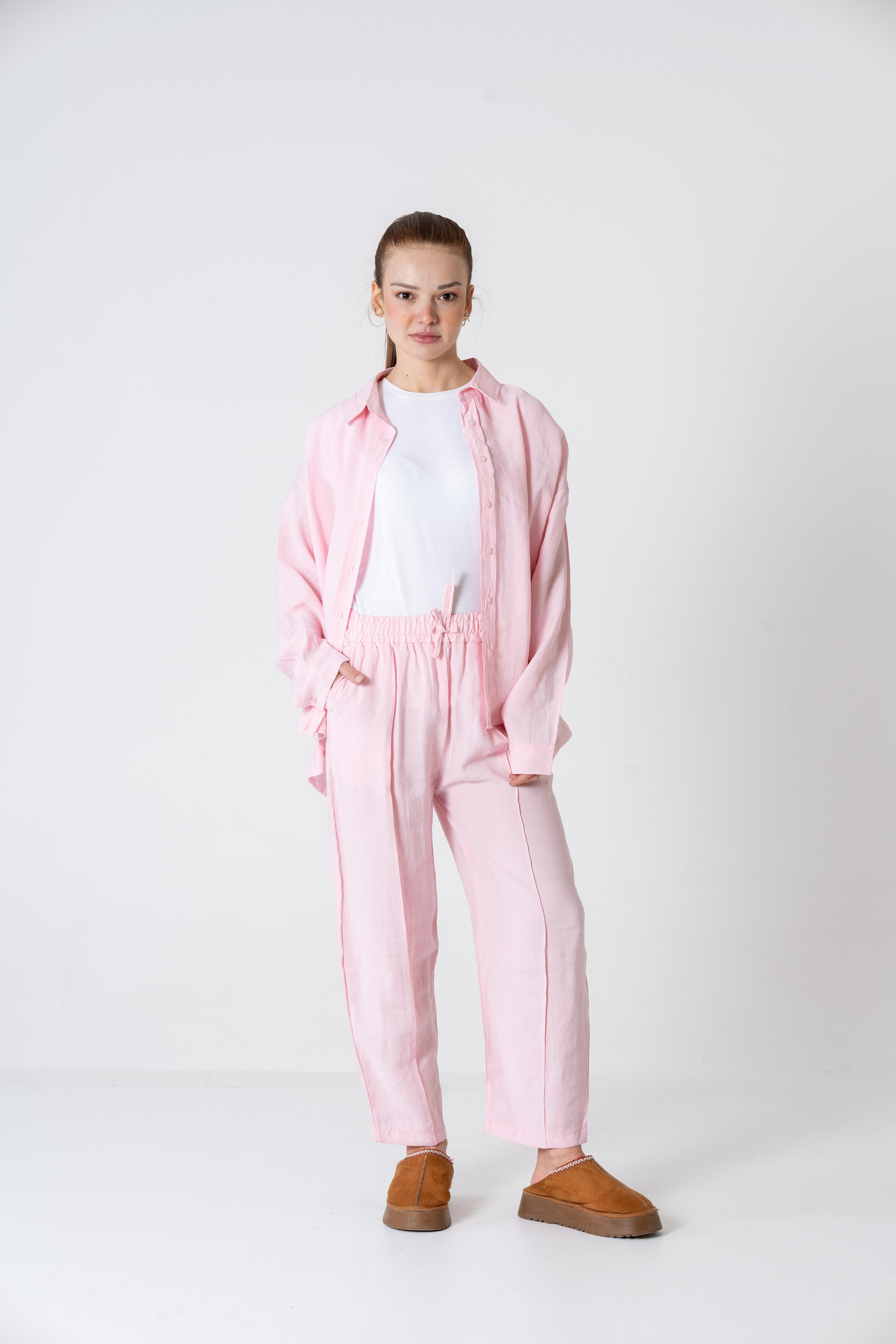 VerdeBlanco Oversize Önden Çimalı Pantolon ve Gömlek Takım Pembe