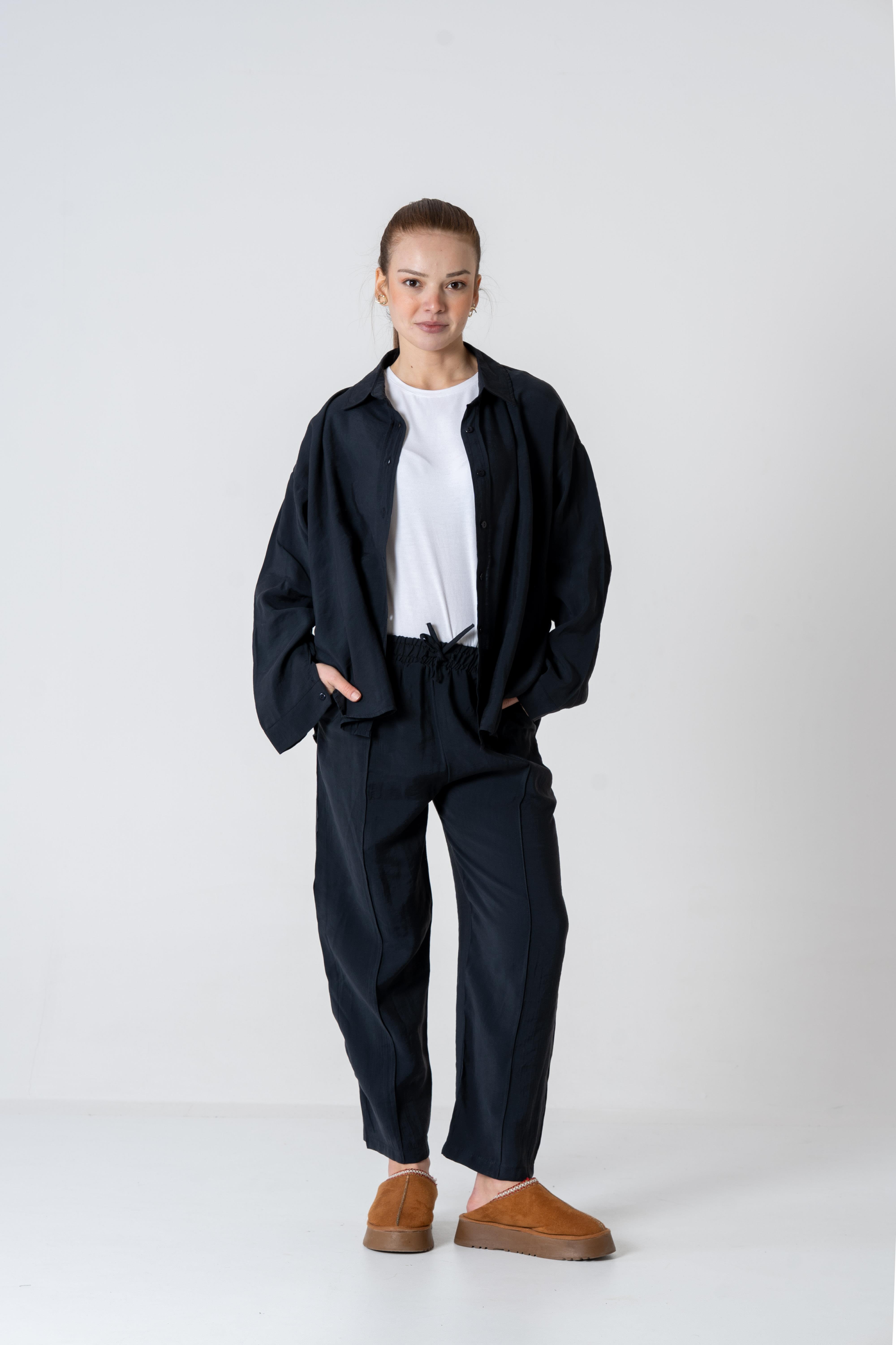 VerdeBlanco Oversize Önden Çimalı Pantolon ve Gömlek Takım Siyah