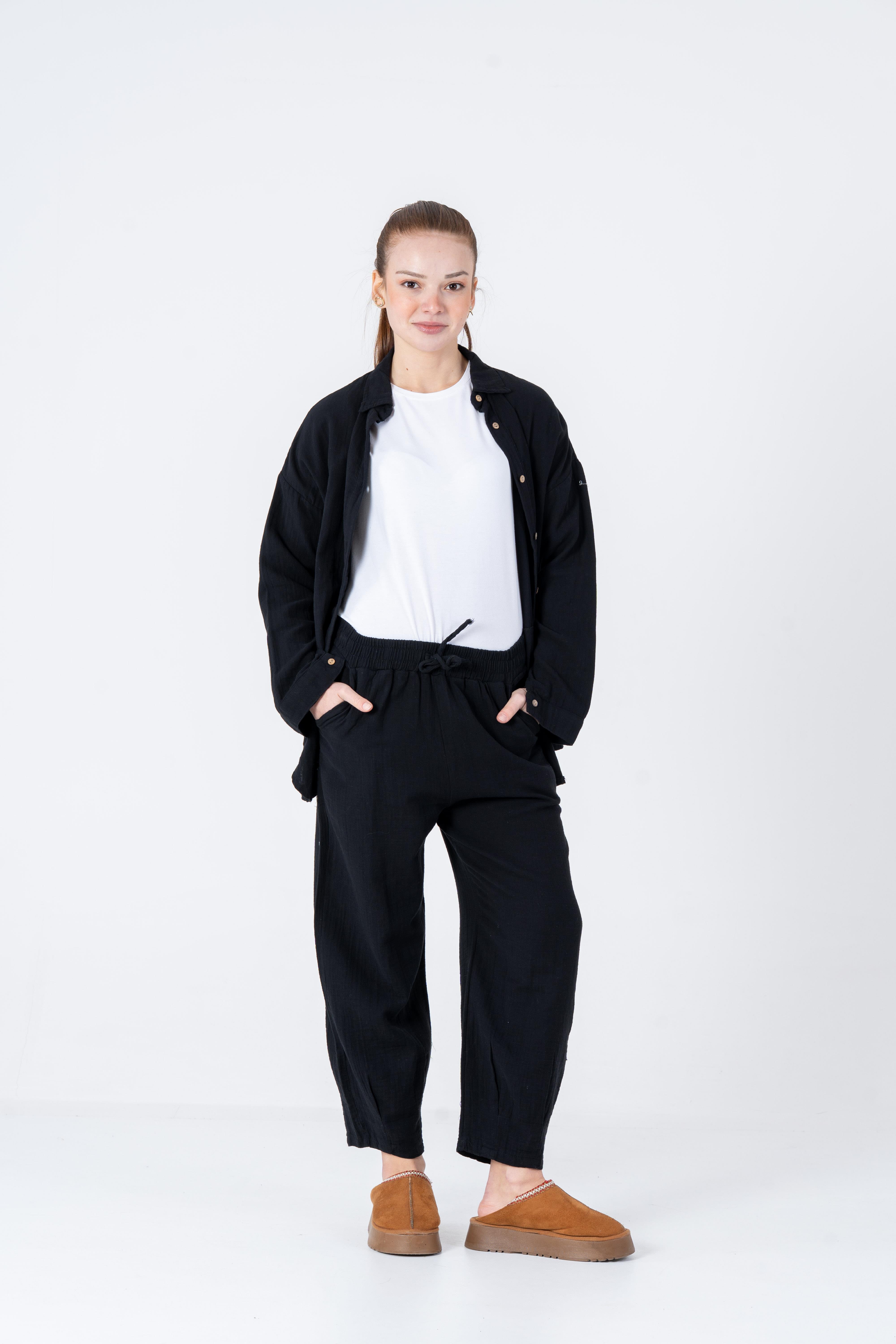 VerdeBlanco Rahat Kesim Krinkıl Jogger Pantolon ve Gömlek Takımı Siyah