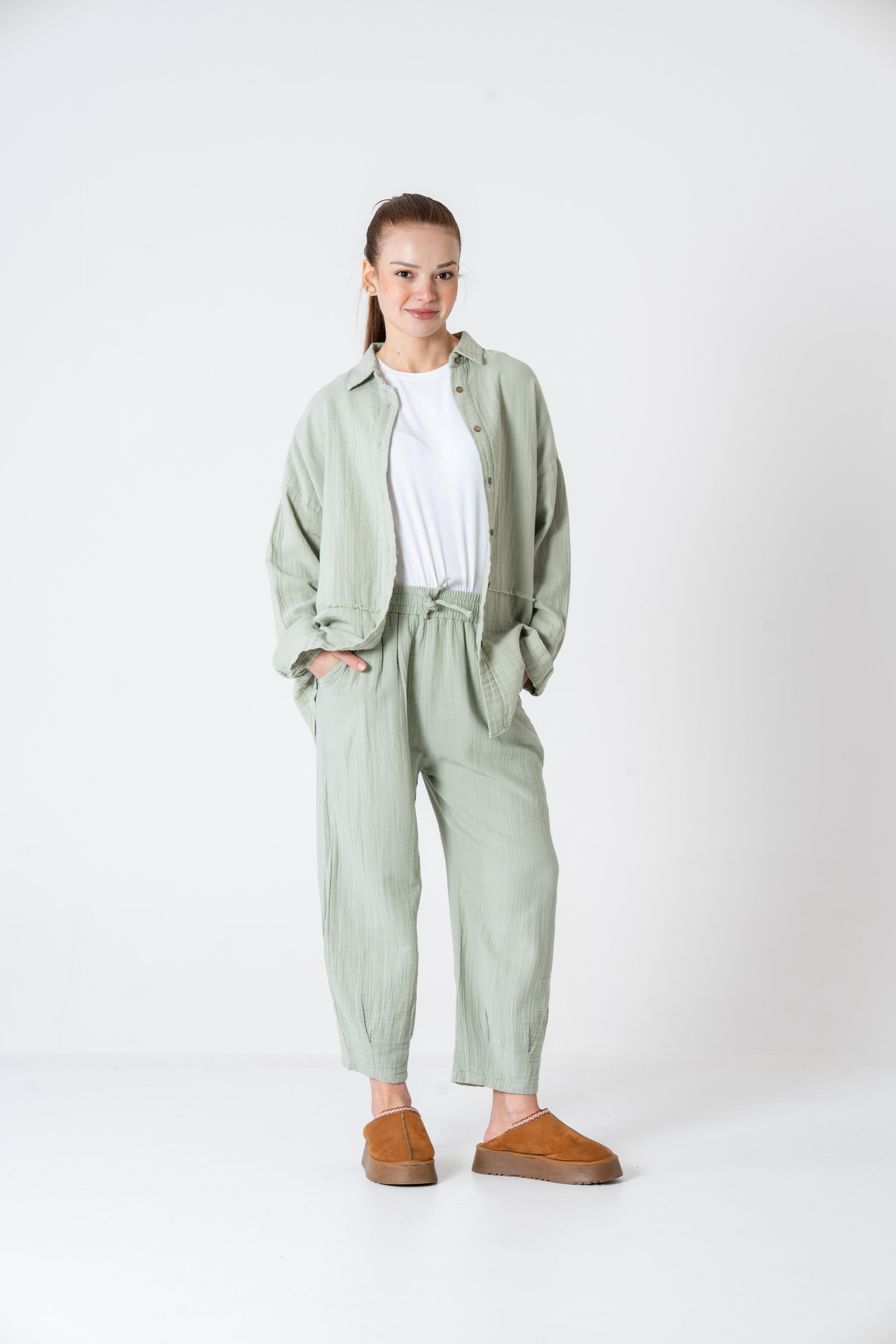 VerdeBlanco Rahat Kesim Krinkıl Jogger Pantolon ve Gömlek Takımı Mint Yeşil