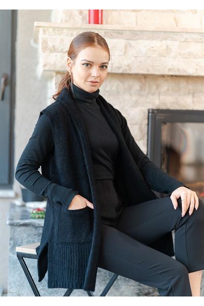 Basic Örme Şal Yaka Uzun Yelek