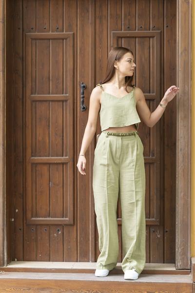 Pile Detaylı Keten Crop-Pantolon Takım