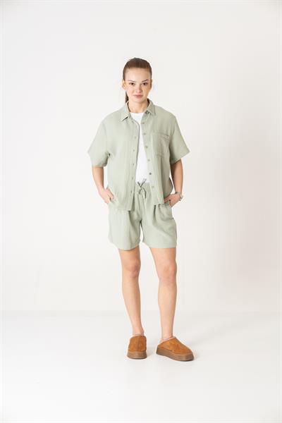 VerdeBlanco %100 Pamuk Oversize Şort ve Gömlek Takımı Mint Yeşili