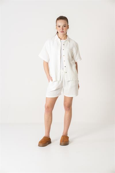 VerdeBlanco %100 Pamuk Oversize Şort ve Gömlek Takımı Beyaz