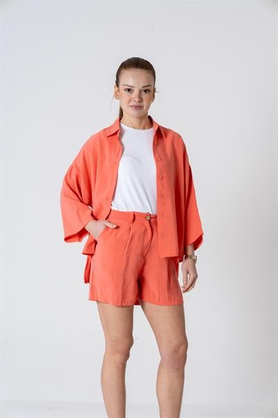 VerdeBlanco %100 Pamuk Oversize Şort ve Gömlek Takımı Nar Çiçeği