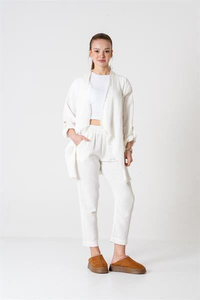 VerdeBlanco %100 Pamuk Şal Yaka Hırka ve Pantolon Takım Beyaz