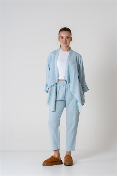 VerdeBlanco %100 Pamuk Şal Yaka Hırka ve Pantolon Takım Bebe Mavi