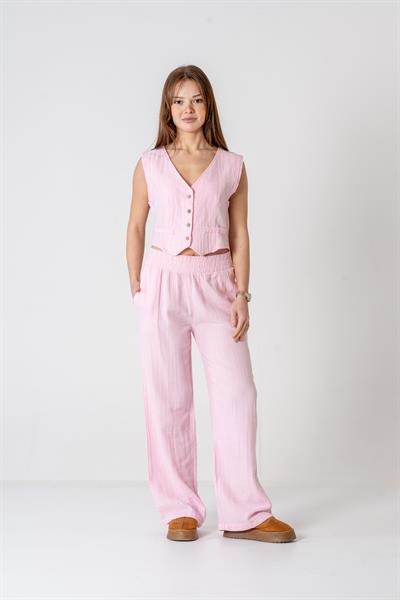 VerdeBlanco %100 Pamuk Yelek-Palazzo Takım Pembe