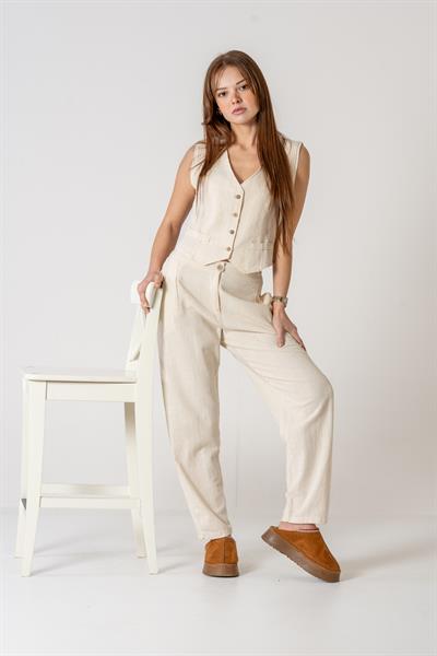 VerdeBlanco %100 Pamuk Yelek-Palazzo Takım Krem