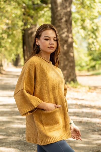 VerdeBlanco Cep Detaylı Kalın Triko Kazak Hardal