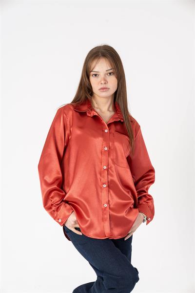 VerdeBlanco Cep Detaylı Saten Gömlek Kiremit