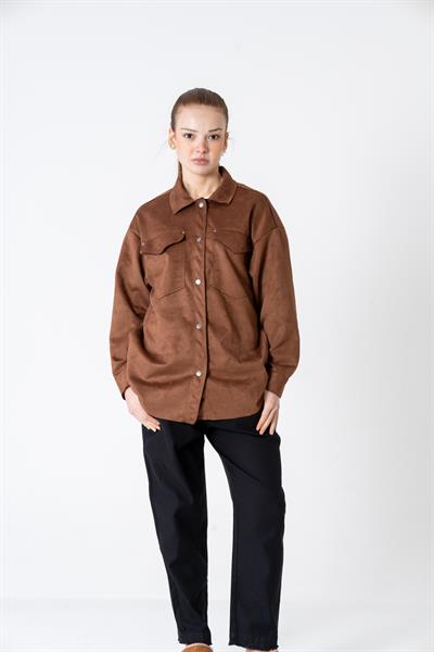 VerdeBlanco Cep Detaylı Süet Gömlek Kahverengi