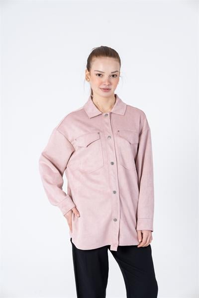 VerdeBlanco Cep Detaylı Süet Gömlek Pudra