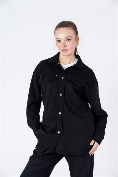 VerdeBlanco Cep Detaylı Süet Gömlek Siyah