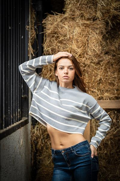 VerdeBlanco Çizgili Uzun Kollu Crop Kazak Gri