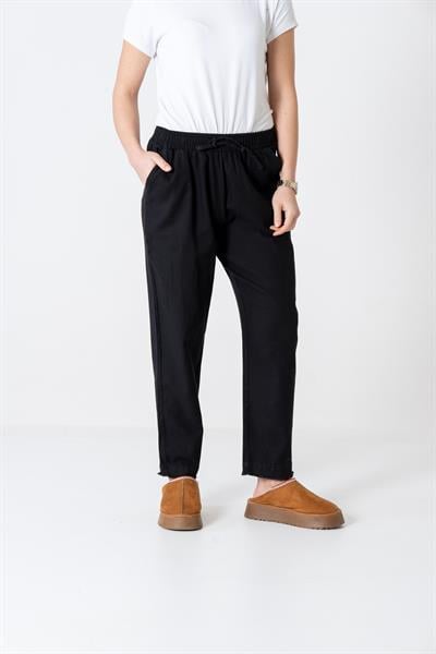 VerdeBlanco Havuç Kesim Paçası Püsküllü Müslin Pantolon Siyah