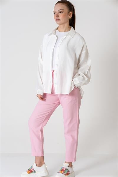 VerdeBlanco Havuç Kesim Paçası Püsküllü Müslin Pantolon Pembe