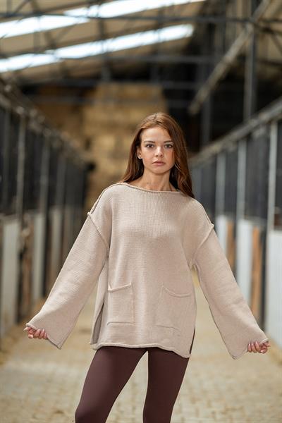 VerdeBlanco Kalın Çima ve Cep Detaylı Örgü Kazak Bej