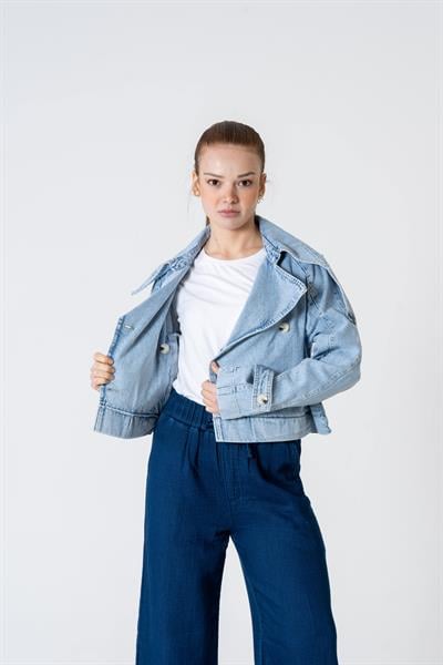 VerdeBlanco Kruvaze Düğme Detaylı Kot Ceket Buz Mavisi