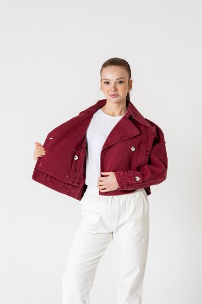 VerdeBlanco Kruvaze Düğme Detaylı Kot Ceket Bordo