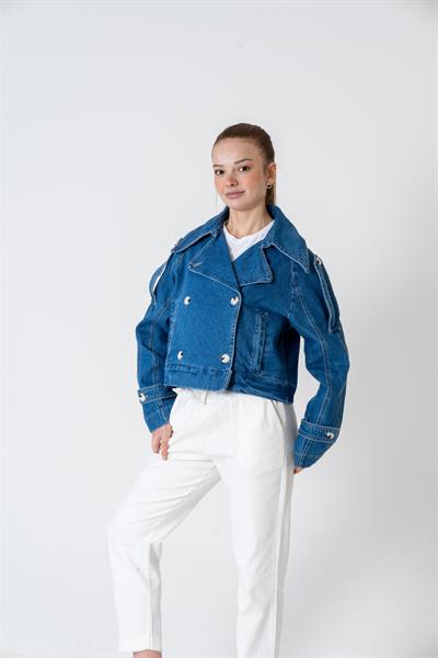 VerdeBlanco Kruvaze Düğme Detaylı Kot Ceket Kot Mavisi