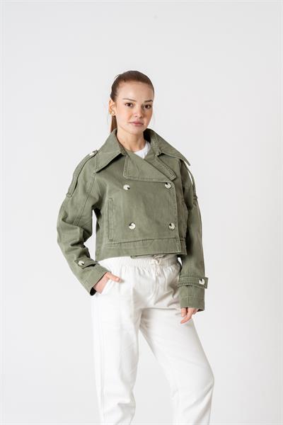 VerdeBlanco Kruvaze Düğme Detaylı Kot Ceket Haki