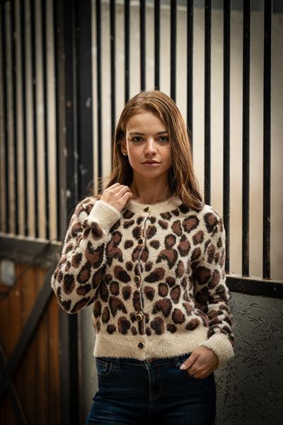 VerdeBlanco Leopar Desenli Düğme Detaylı Hırka