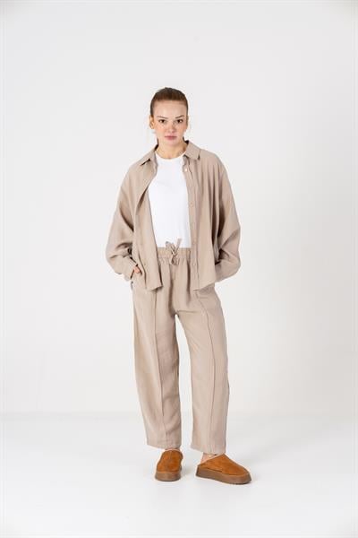 VerdeBlanco Oversize Önden Çimalı Pantolon ve Gömlek Takım Krem