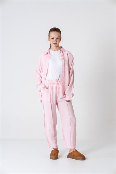 VerdeBlanco Oversize Önden Çimalı Pantolon ve Gömlek Takım Pembe