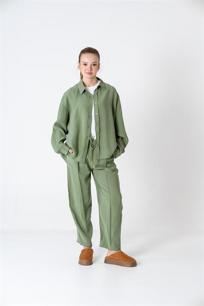 VerdeBlanco Oversize Önden Çimalı Pantolon ve Gömlek Takım Yeşil