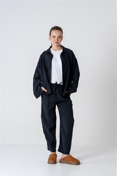 VerdeBlanco Oversize Önden Çimalı Pantolon ve Gömlek Takım Siyah