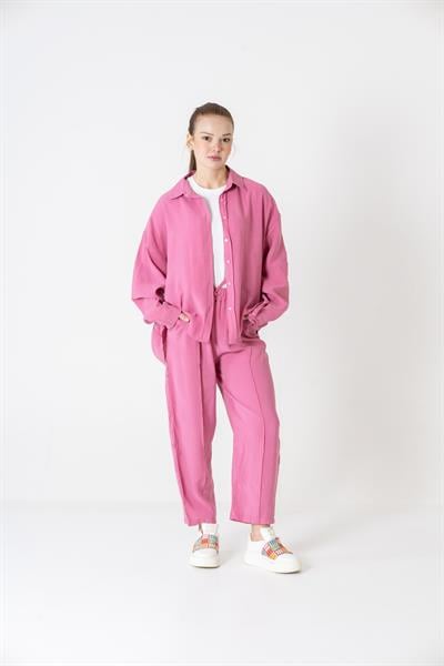 VerdeBlanco Oversize Önden Çimalı Pantolon ve Gömlek Takım Fuşya