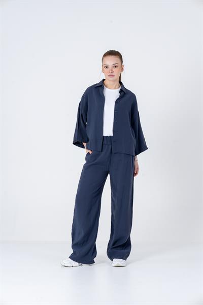 VerdeBlanco Oversize Palazzo Pantolon ve Gömlek Takımı Lacivert