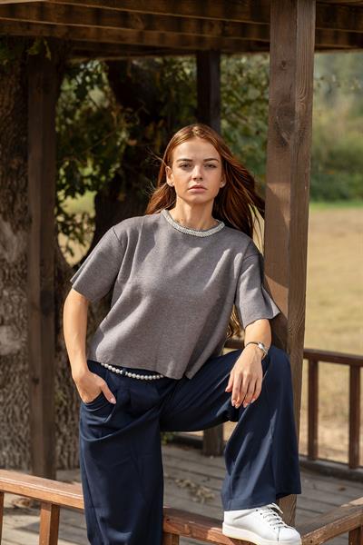 VerdeBlanco Taşlı Yaka Basic Bluz Antrasit