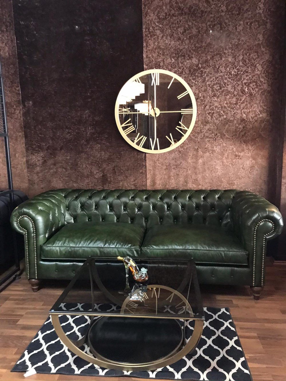 3A MOBİLYA MAYA YEŞİL HAKİKİ DERİ CHESTERFİELD