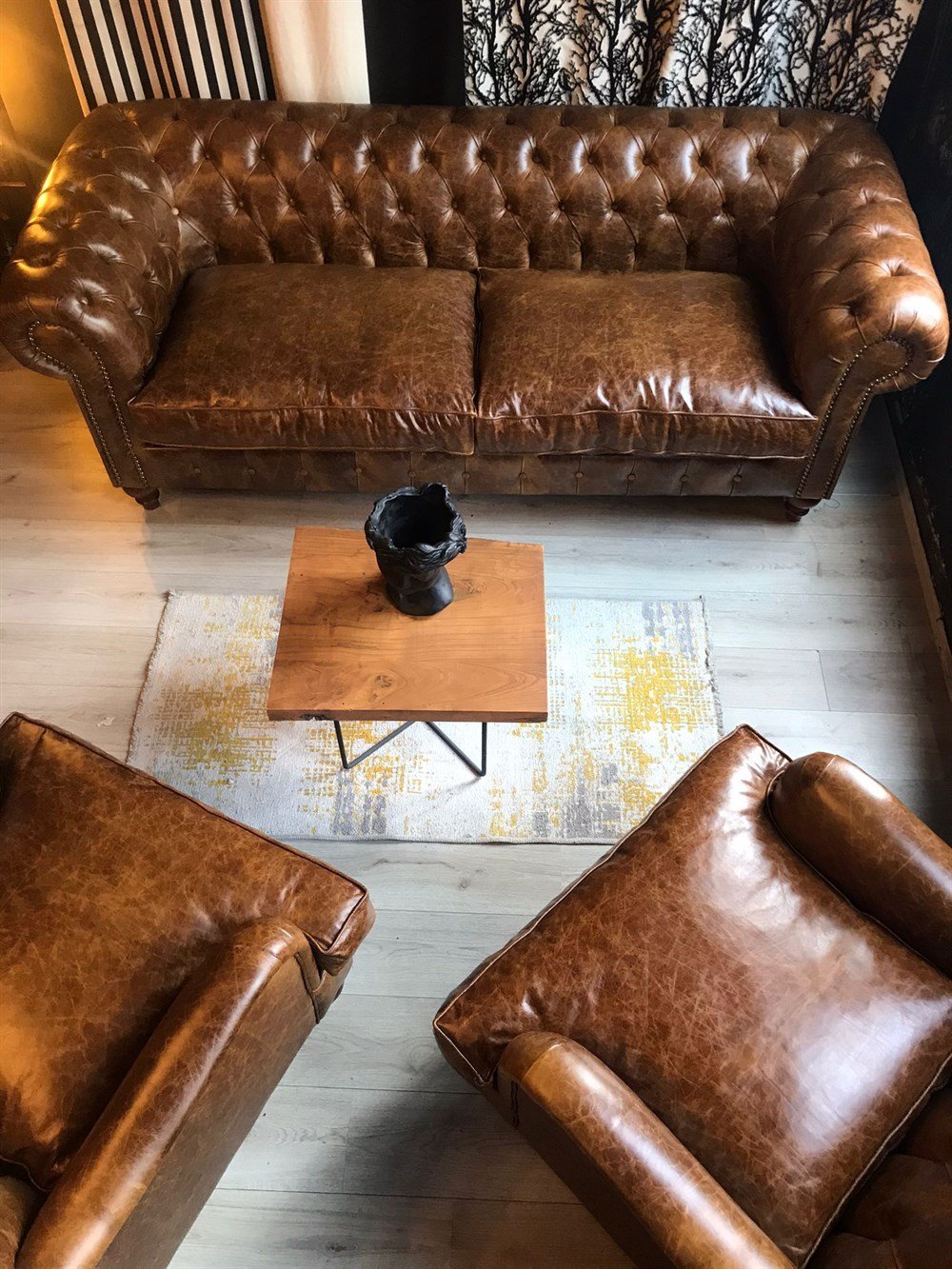 3A MOBİLYA HAKİKİ DERİ ENGLİSH PULLAP CHESTERFİELD TAKIMI