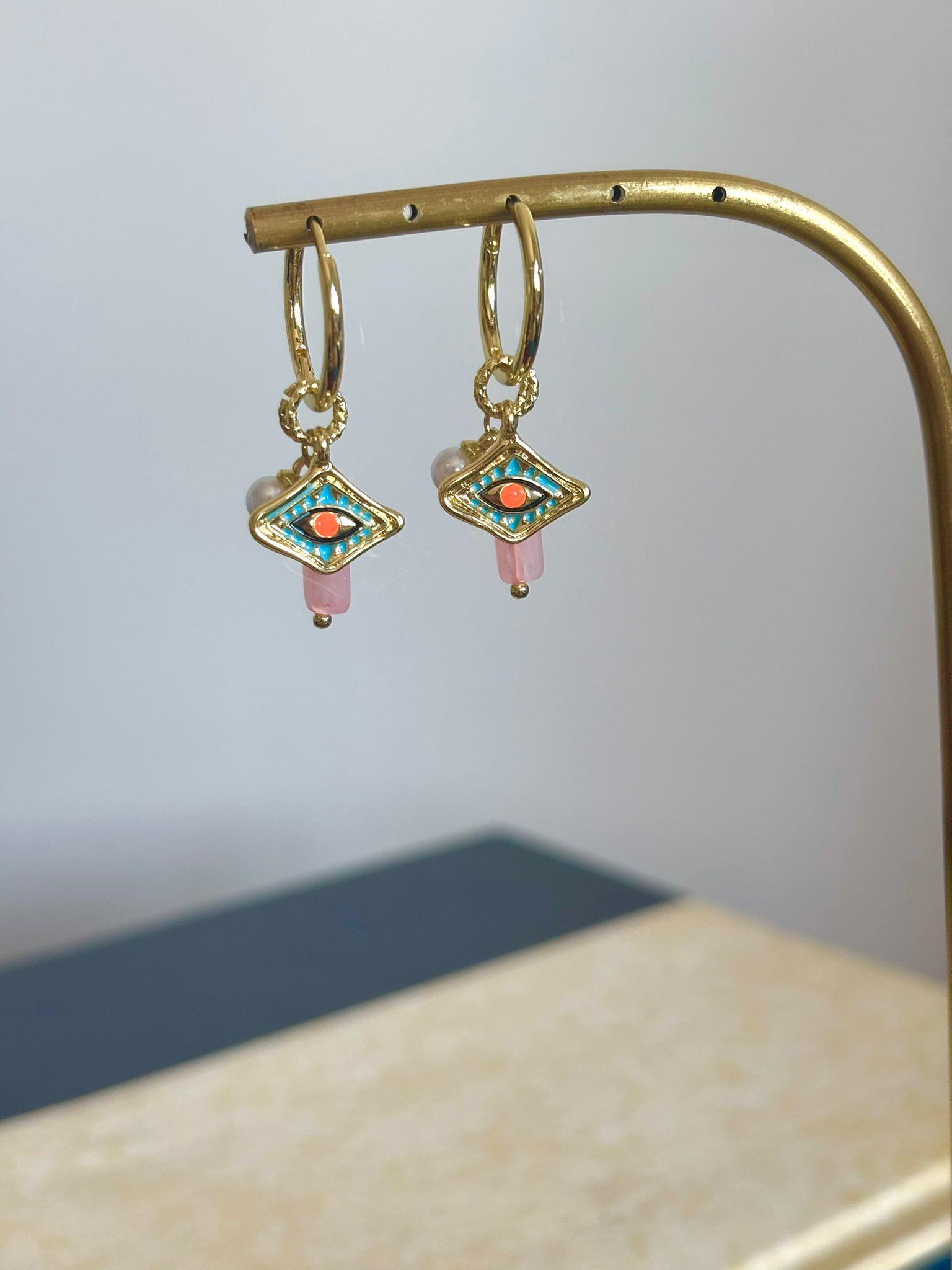 Renkli Göz İncili Pembe Taş Charm Küpe