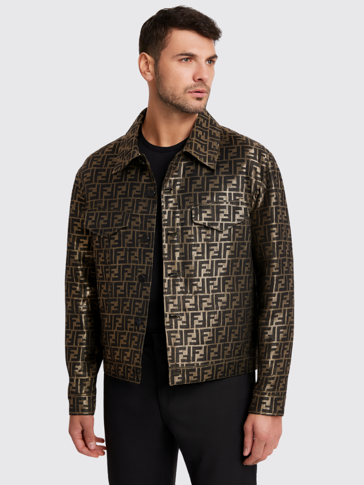 FENDI Rare Metallic Gold FF Zucca Monogram Logo Jacket