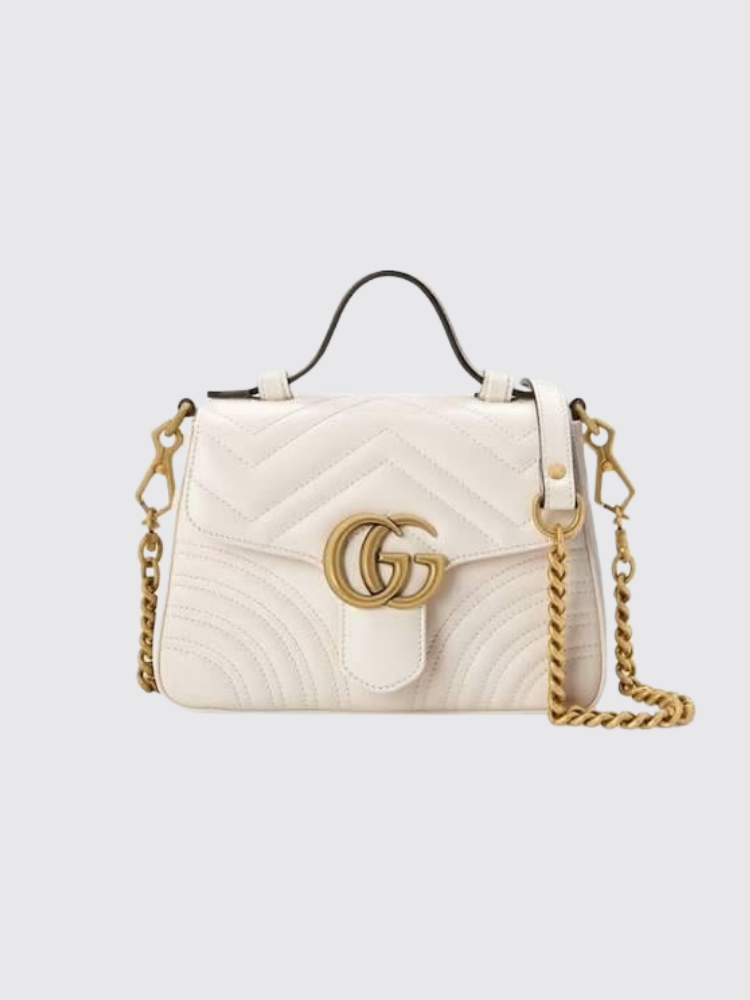 Gucci - White Chevron Leather GG Marmont Top Handle Bag