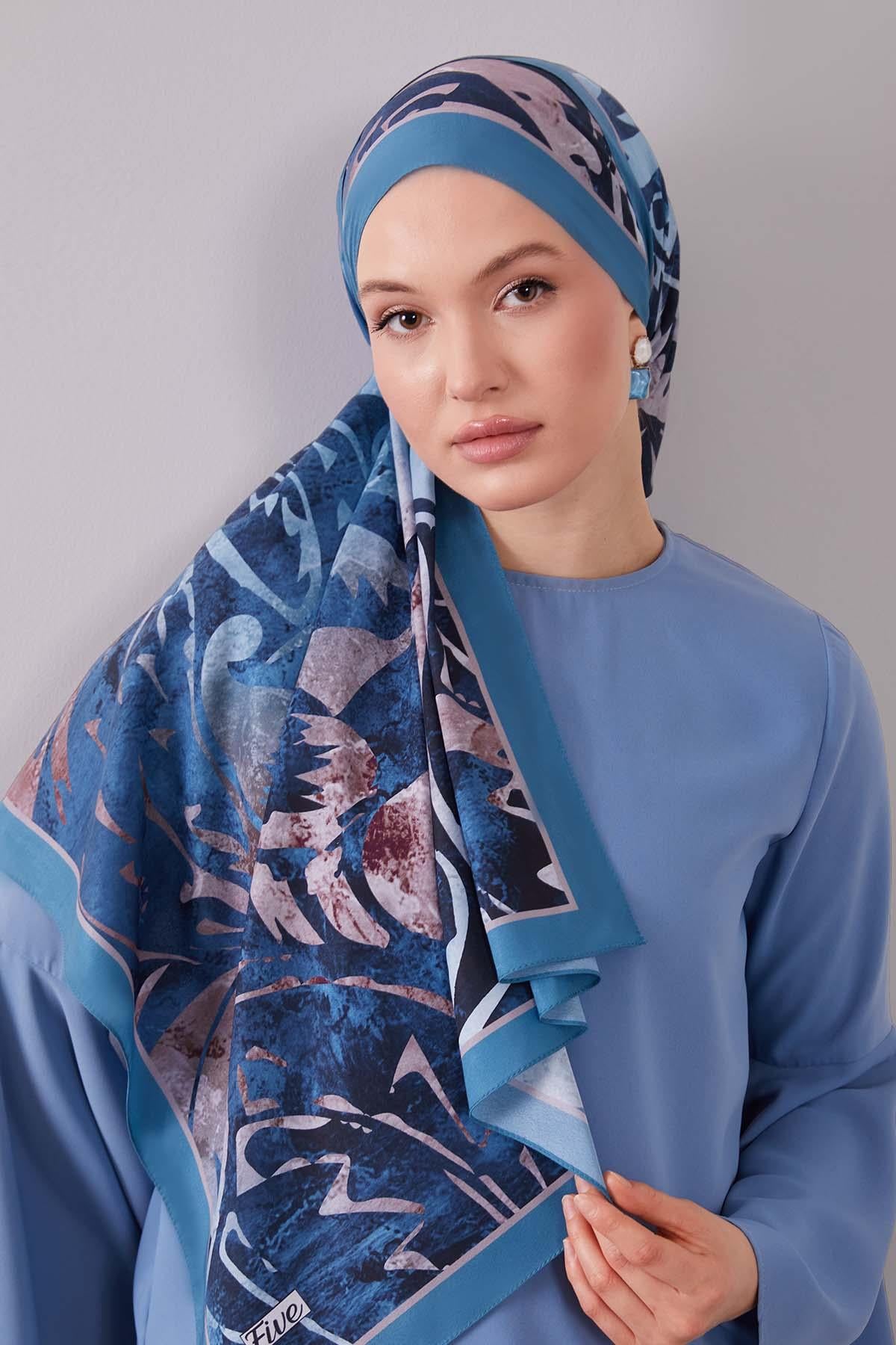 Fivescarf A.Mavi Geometrik Desen Moos Chrep Şal