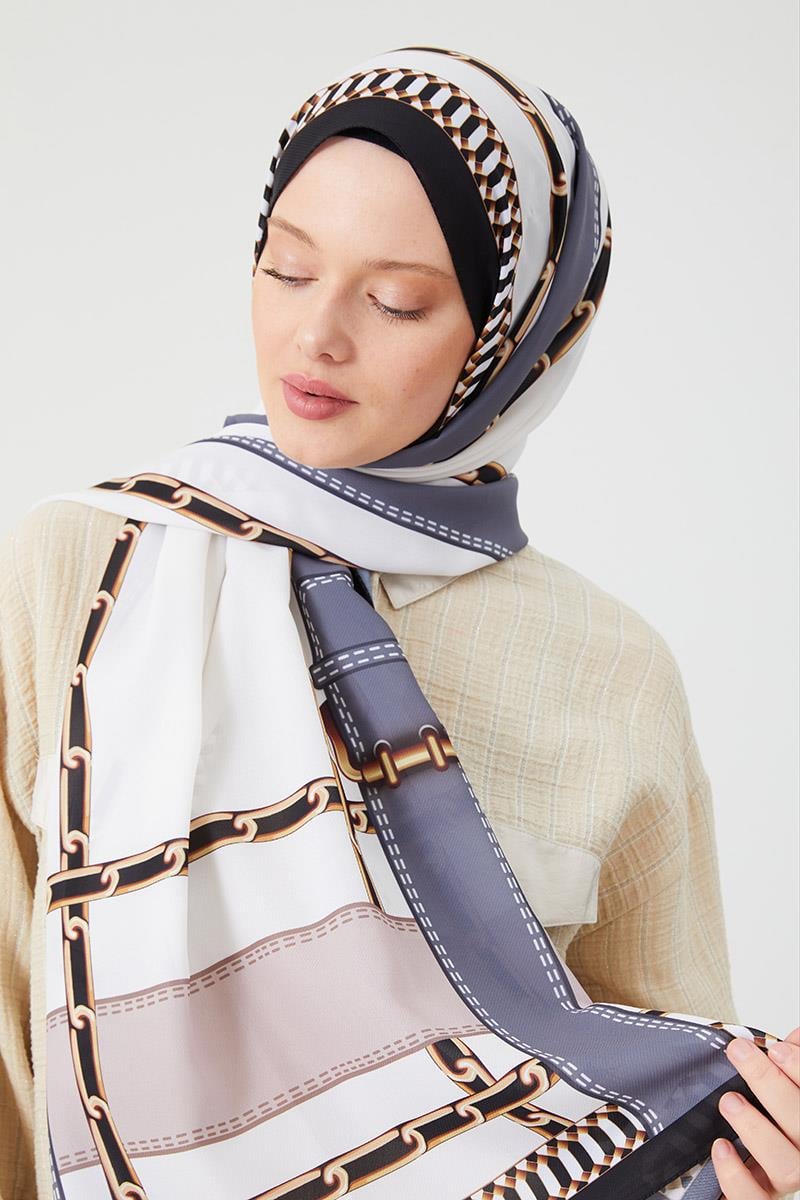 Fivescarf A.Haki Zincir Desen Violet Medine İpeği Şal